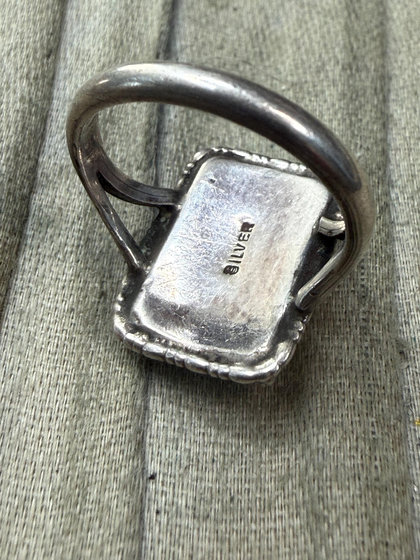 Antique Rectangular Cloudy Glass & Silver Ring