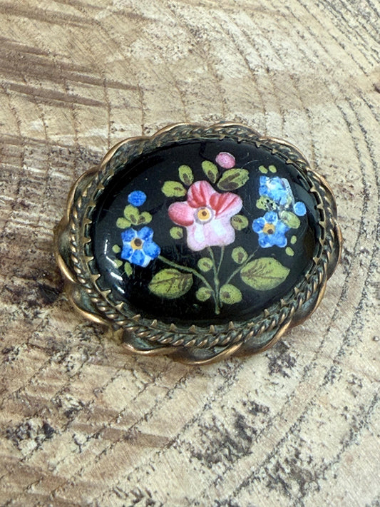 Victorian Enamel Handpainted Floral Brooch