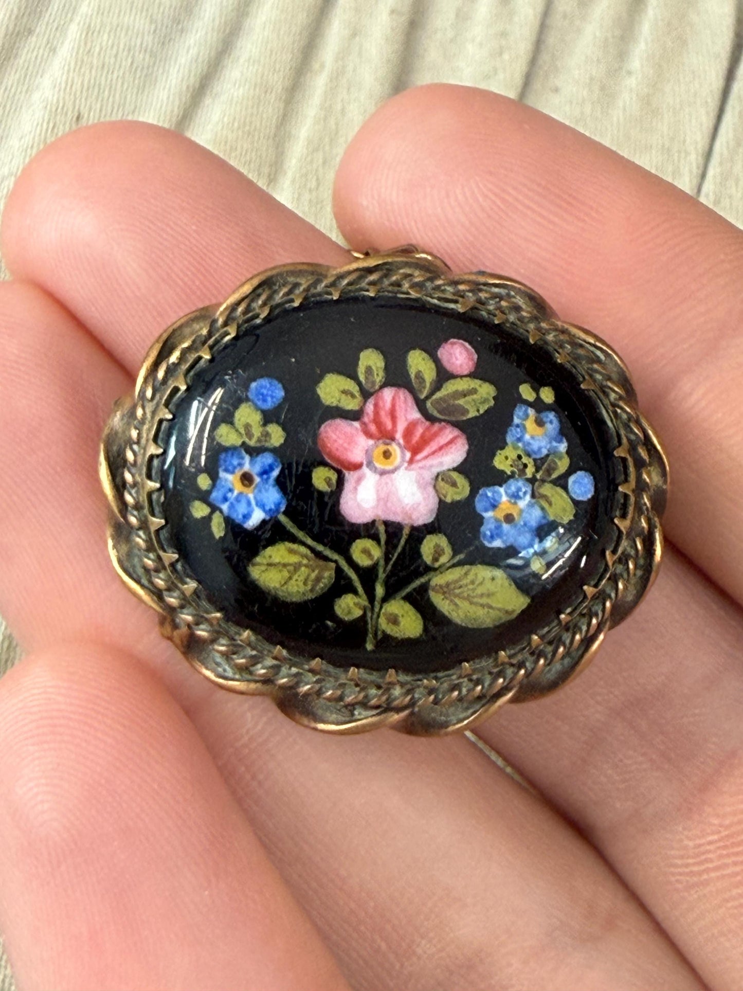 Victorian Enamel Handpainted Floral Brooch