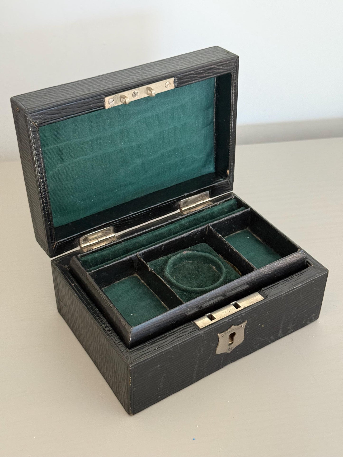 Antique Victorian Travelling Jewellery Box, Green Velvet
