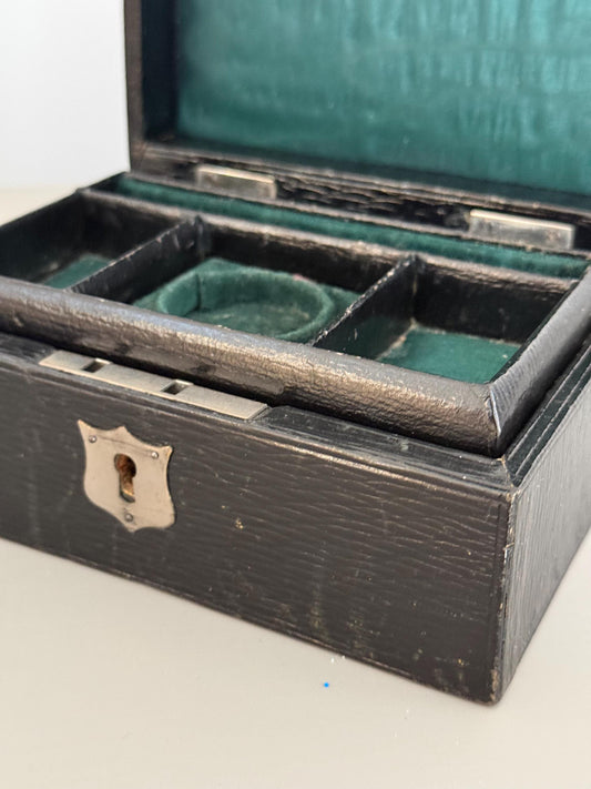 Antique Victorian Travelling Jewellery Box, Green Velvet
