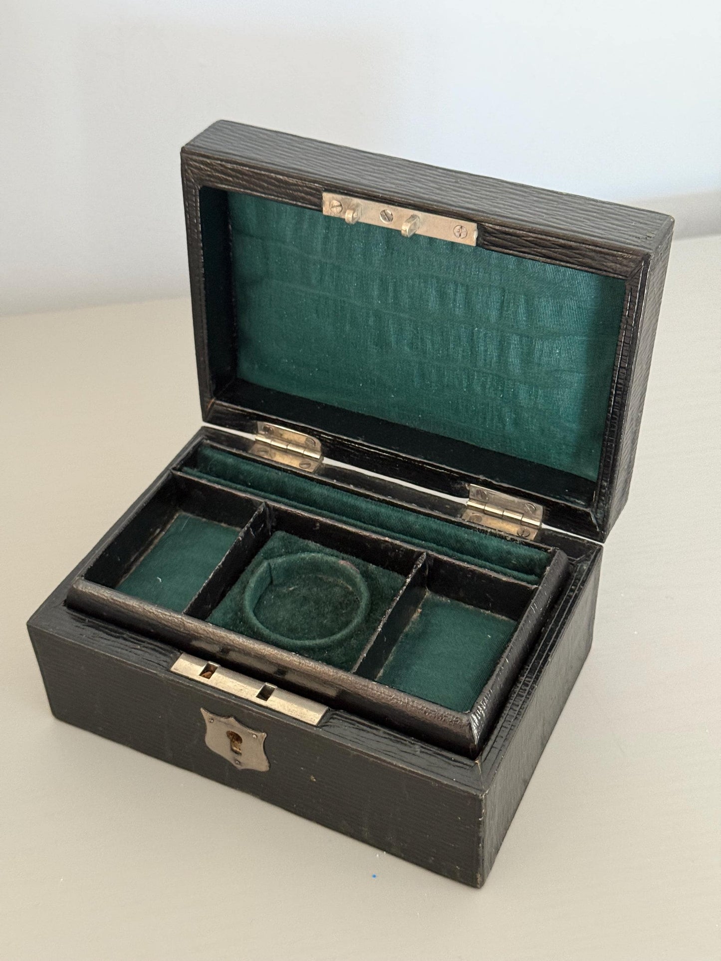 Antique Victorian Travelling Jewellery Box, Green Velvet