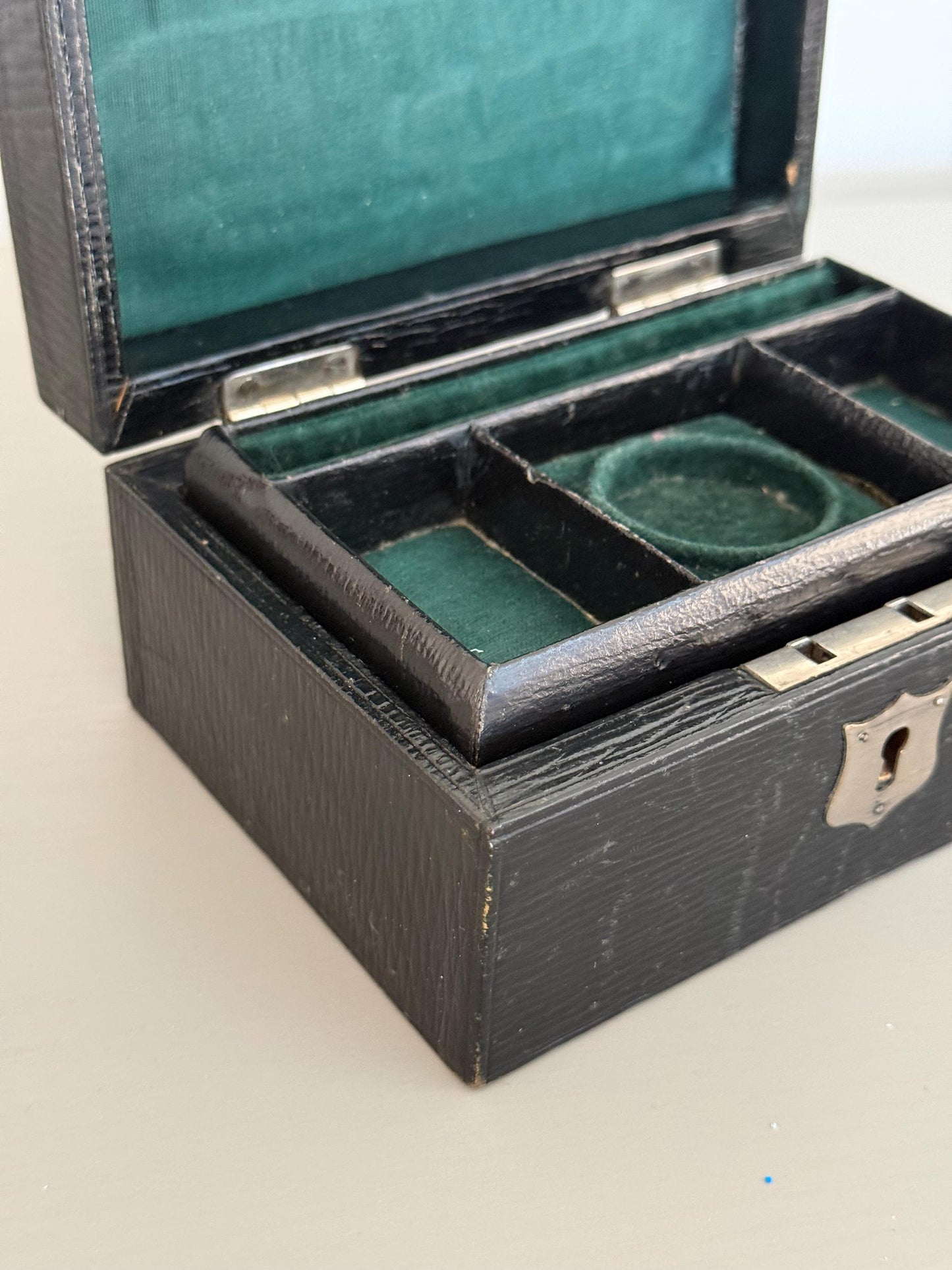 Antique Victorian Travelling Jewellery Box, Green Velvet