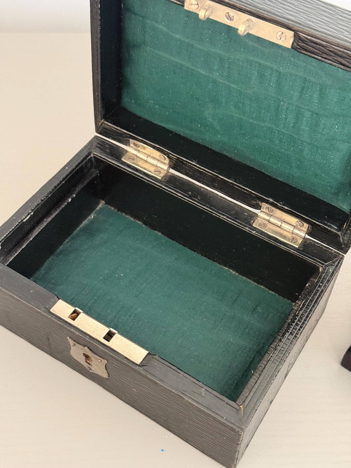 Antique Victorian Travelling Jewellery Box, Green Velvet