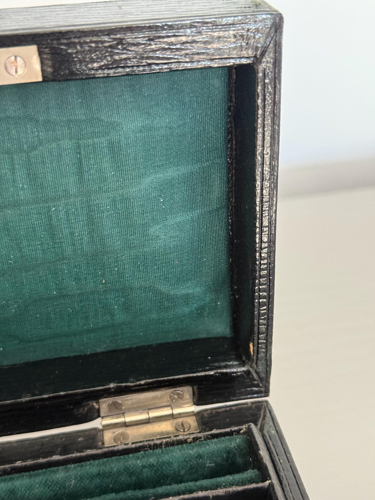 Antique Victorian Travelling Jewellery Box, Green Velvet