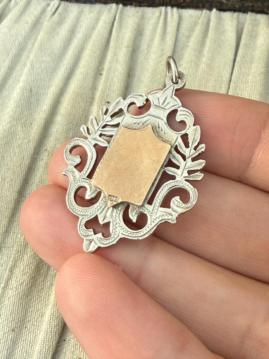 Antique Sterling Silver Watch Fob Medal With Empty Cartouche