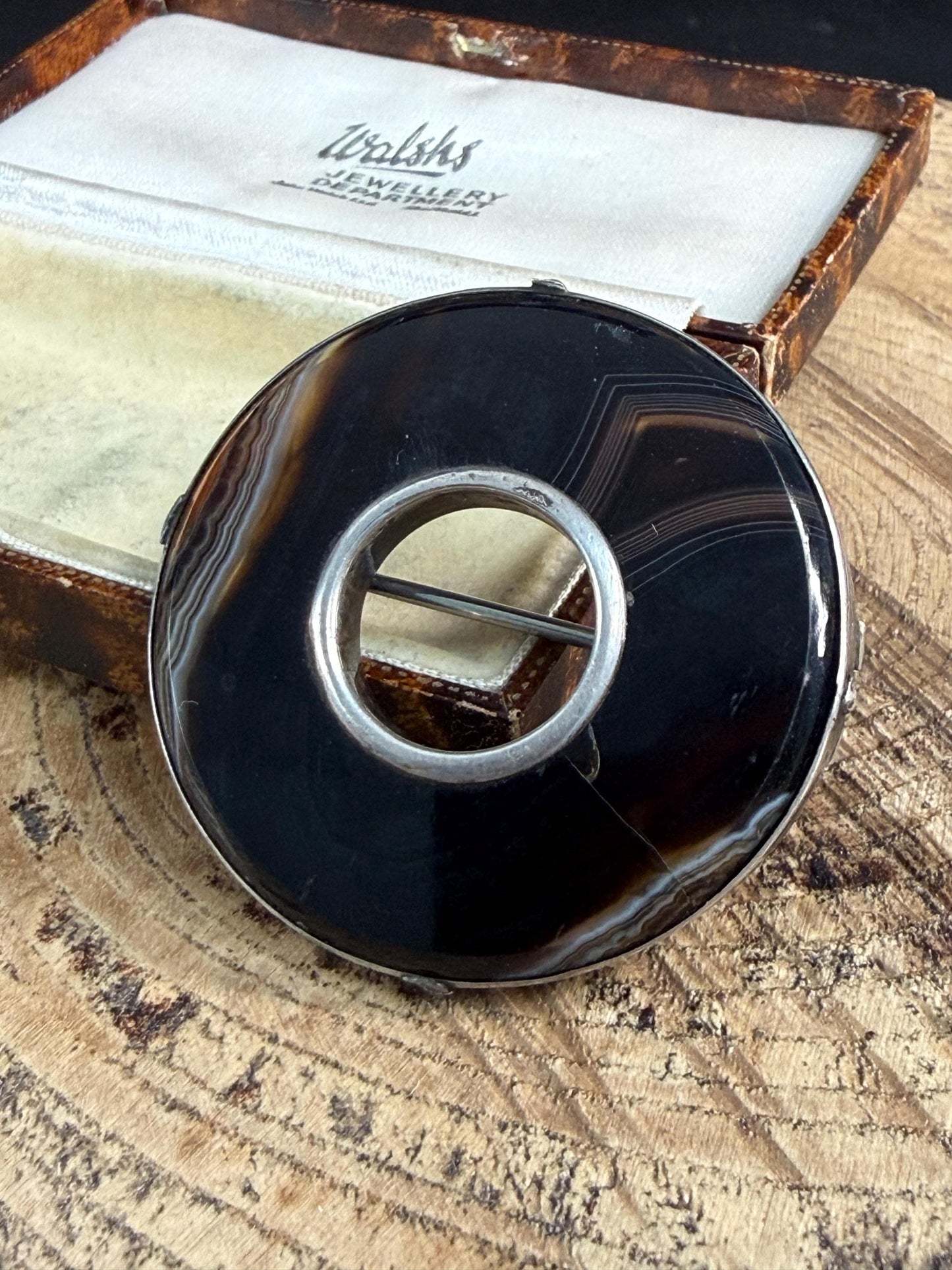 Antique Banded Agate Silver Hoop Brooch