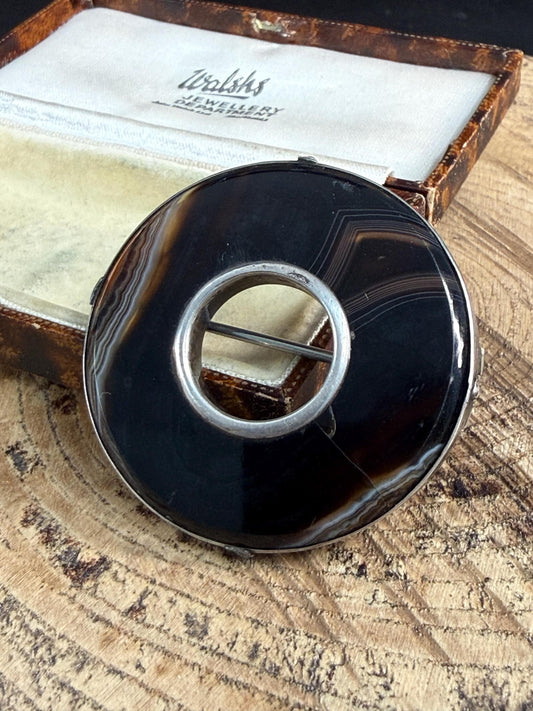 Antique Banded Agate Silver Hoop Brooch