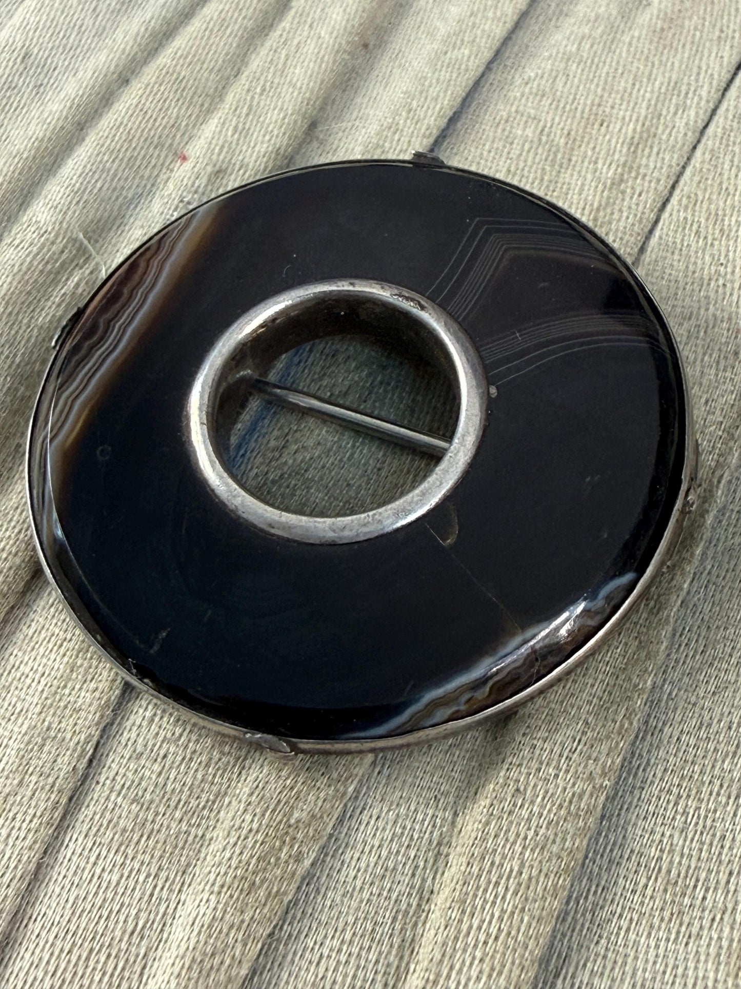 Antique Banded Agate Silver Hoop Brooch