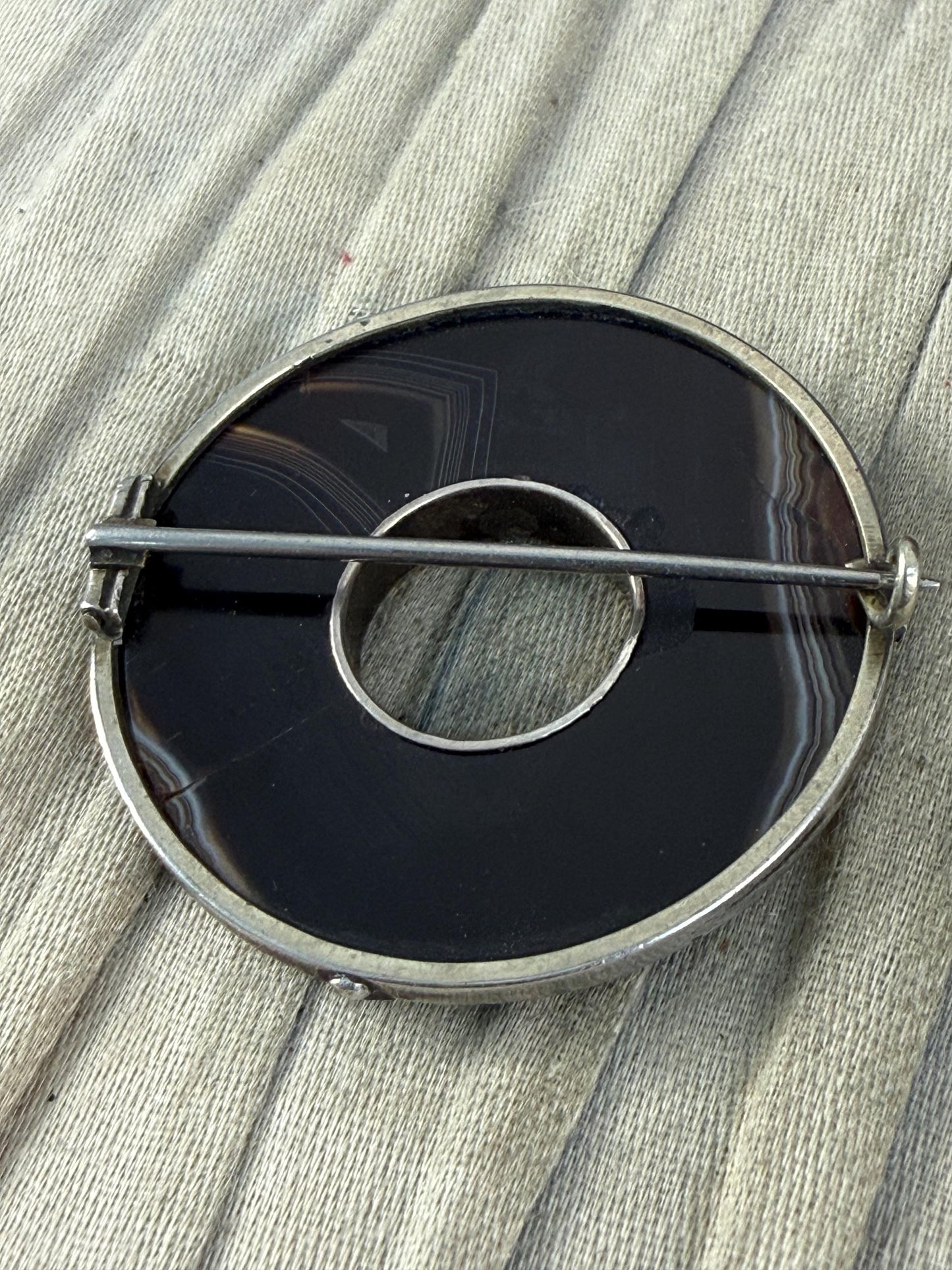Antique Banded Agate Silver Hoop Brooch