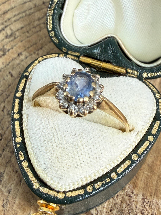 Vintage 9ct Gold Blue Topaz and Spinel Cluster Ring