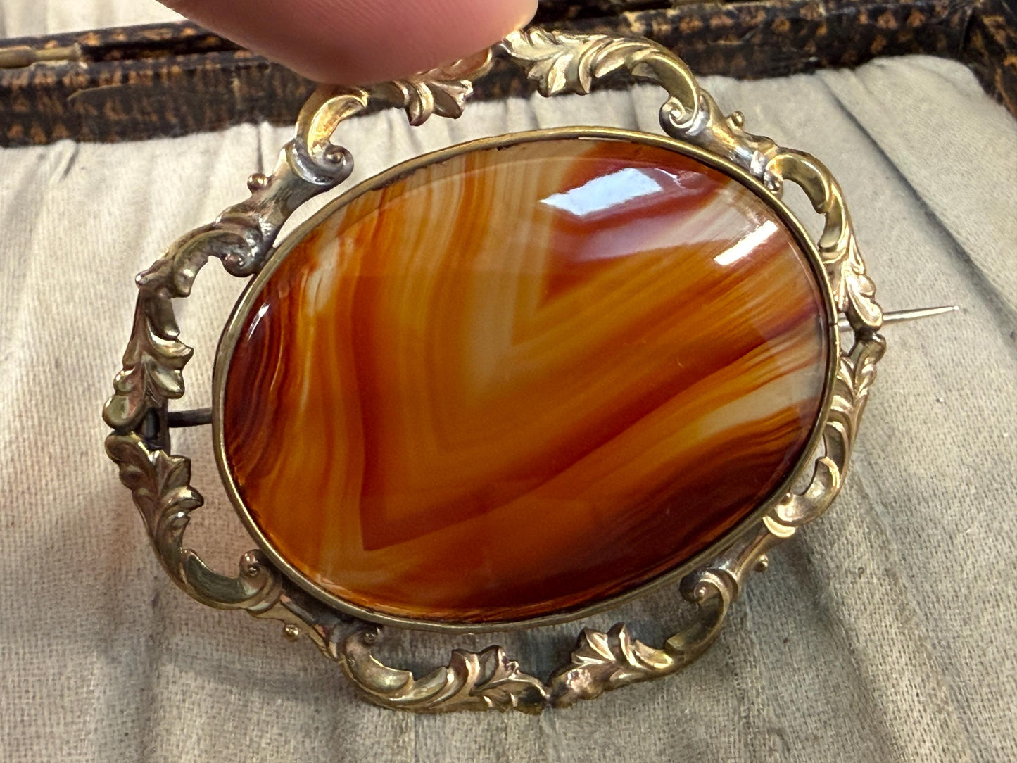 Antique Orange Banded Agate Brooch