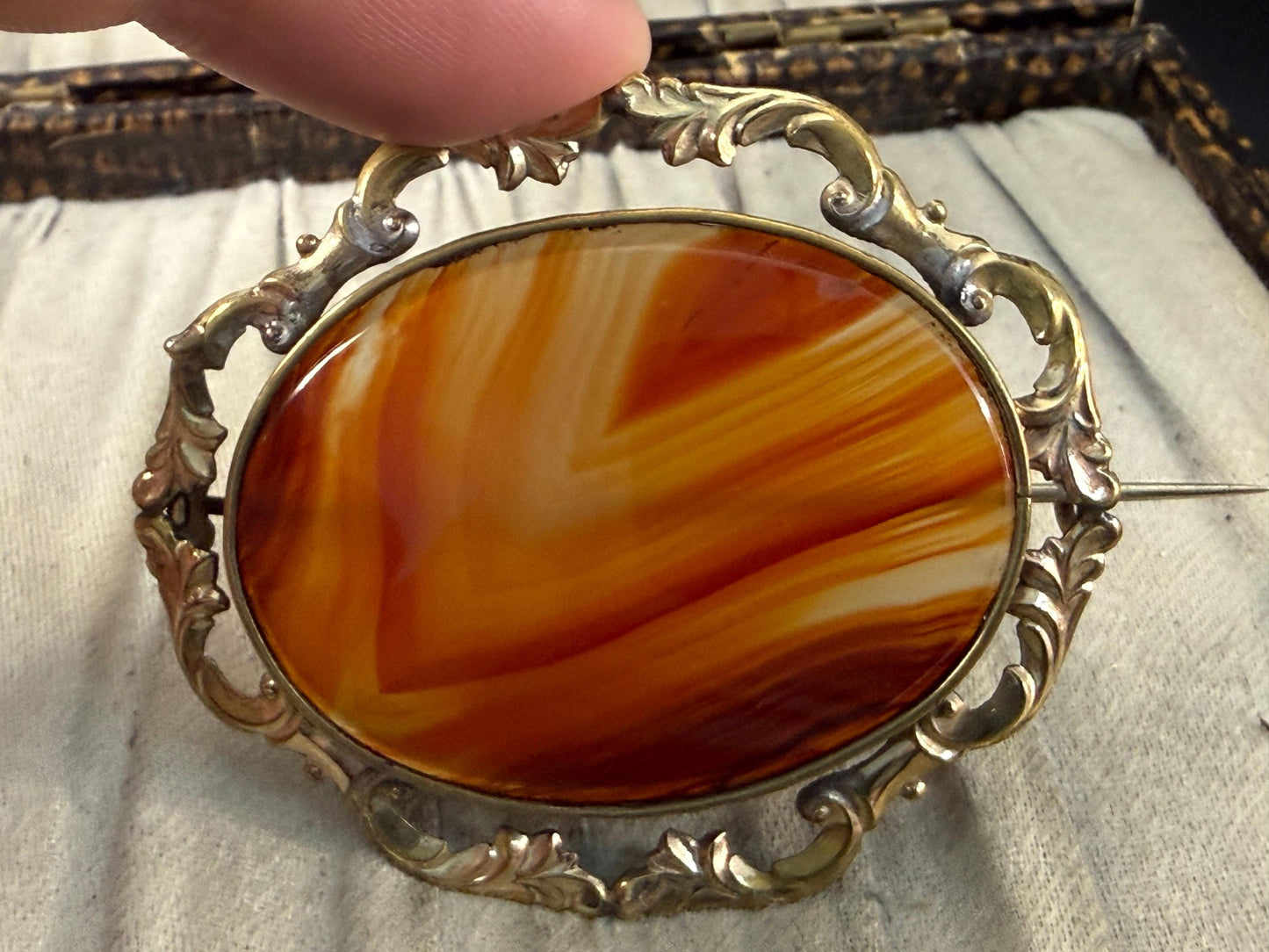 Antique Orange Banded Agate Brooch