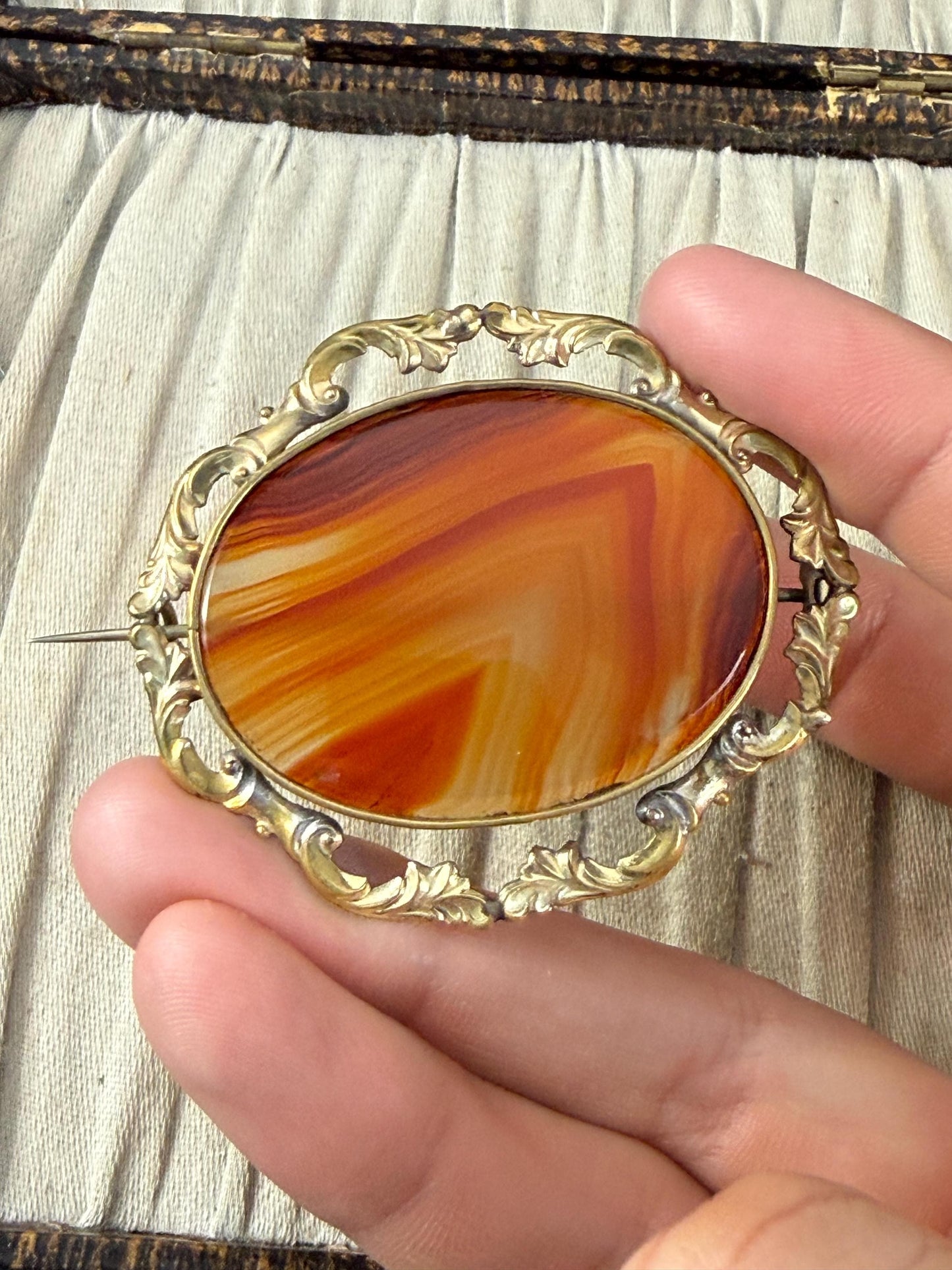 Antique Orange Banded Agate Brooch