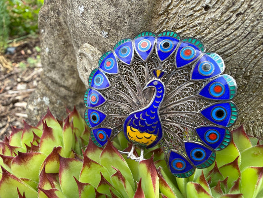 Vintage Silver Filigree & Enamel Peacock Brooch