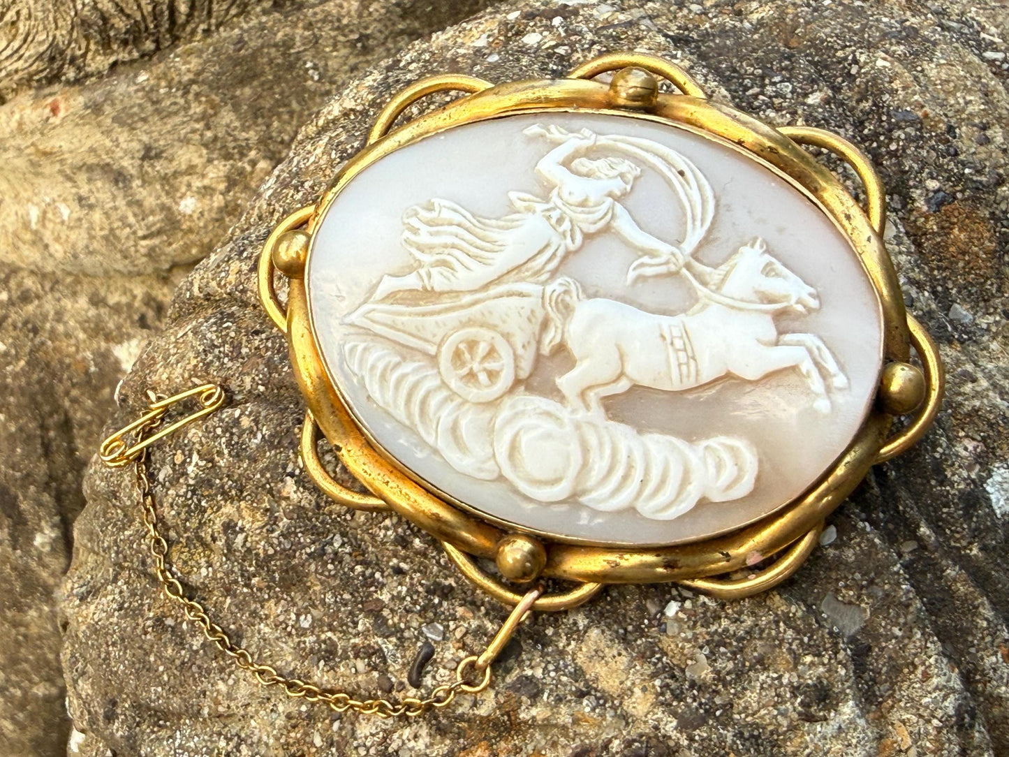 Victorian Cameo Brooch of Goddess Aurora & Chariot