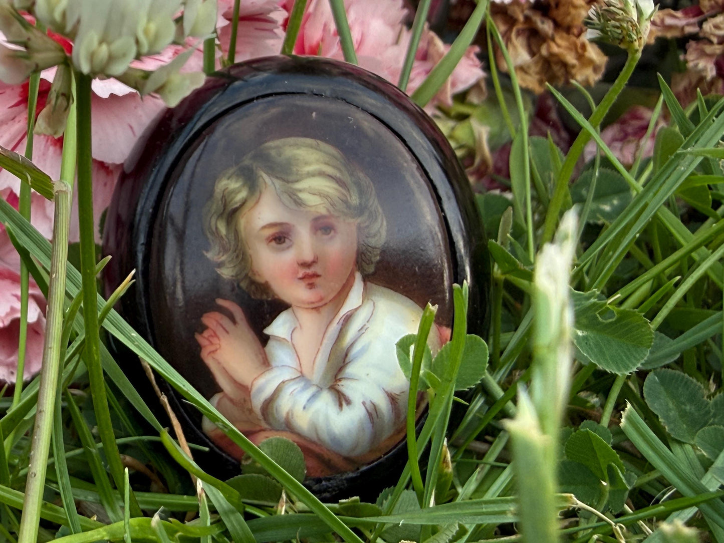 Antique Whitby Jet Handpainted Portrait Brooch