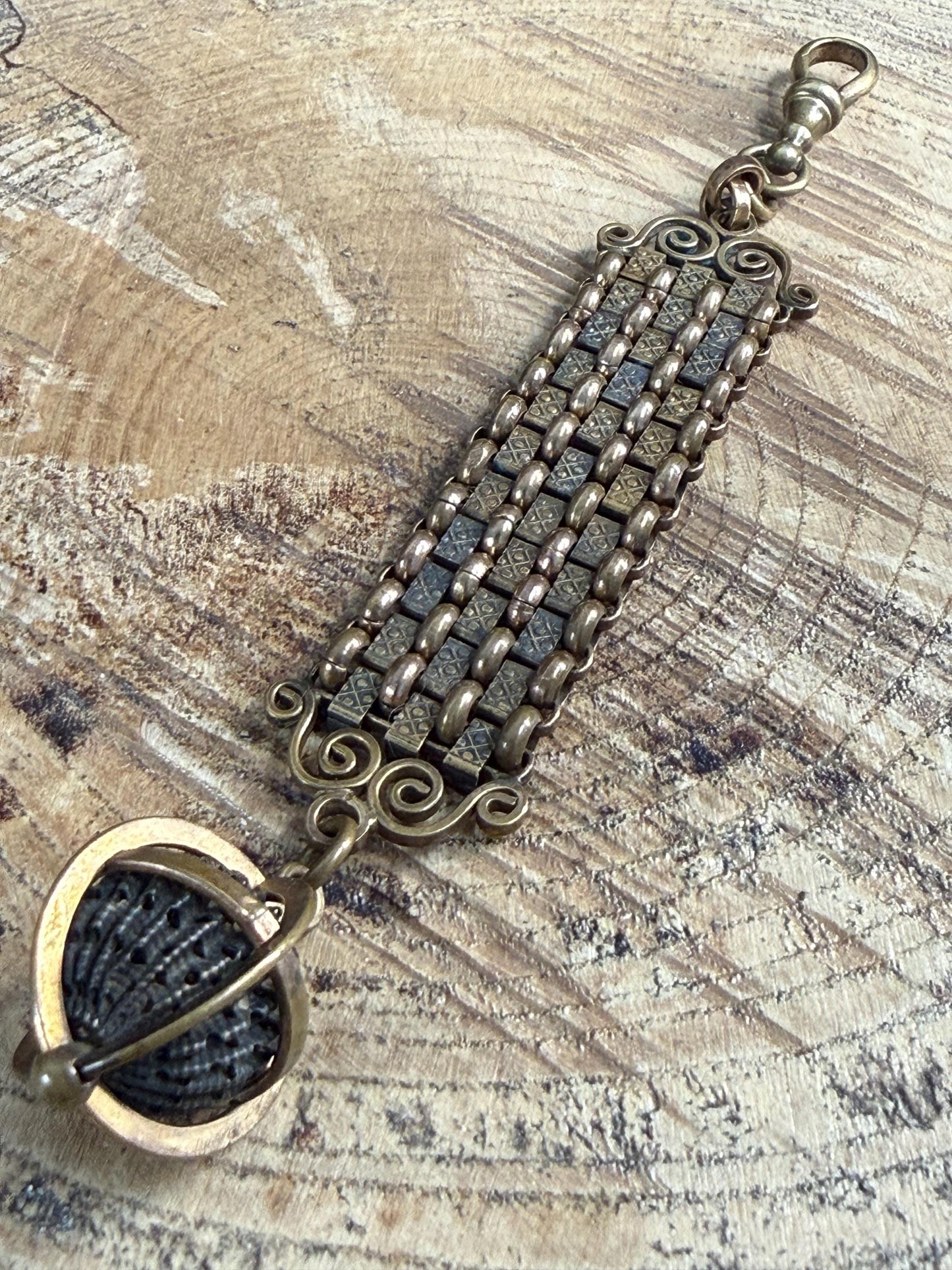 Antique Watch Albert Chain & Scrollwork Orb Fob