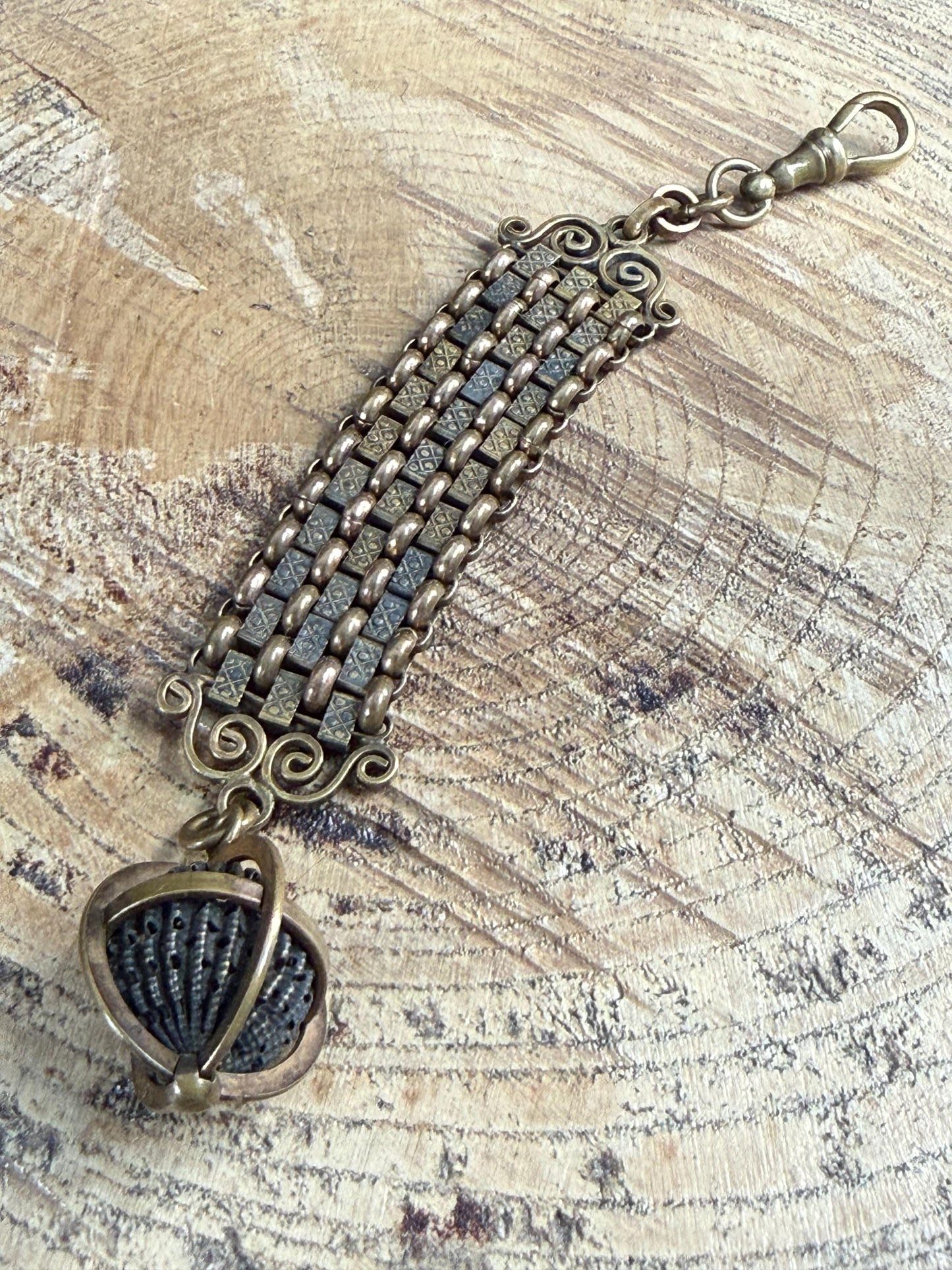 Antique Watch Albert Chain & Scrollwork Orb Fob