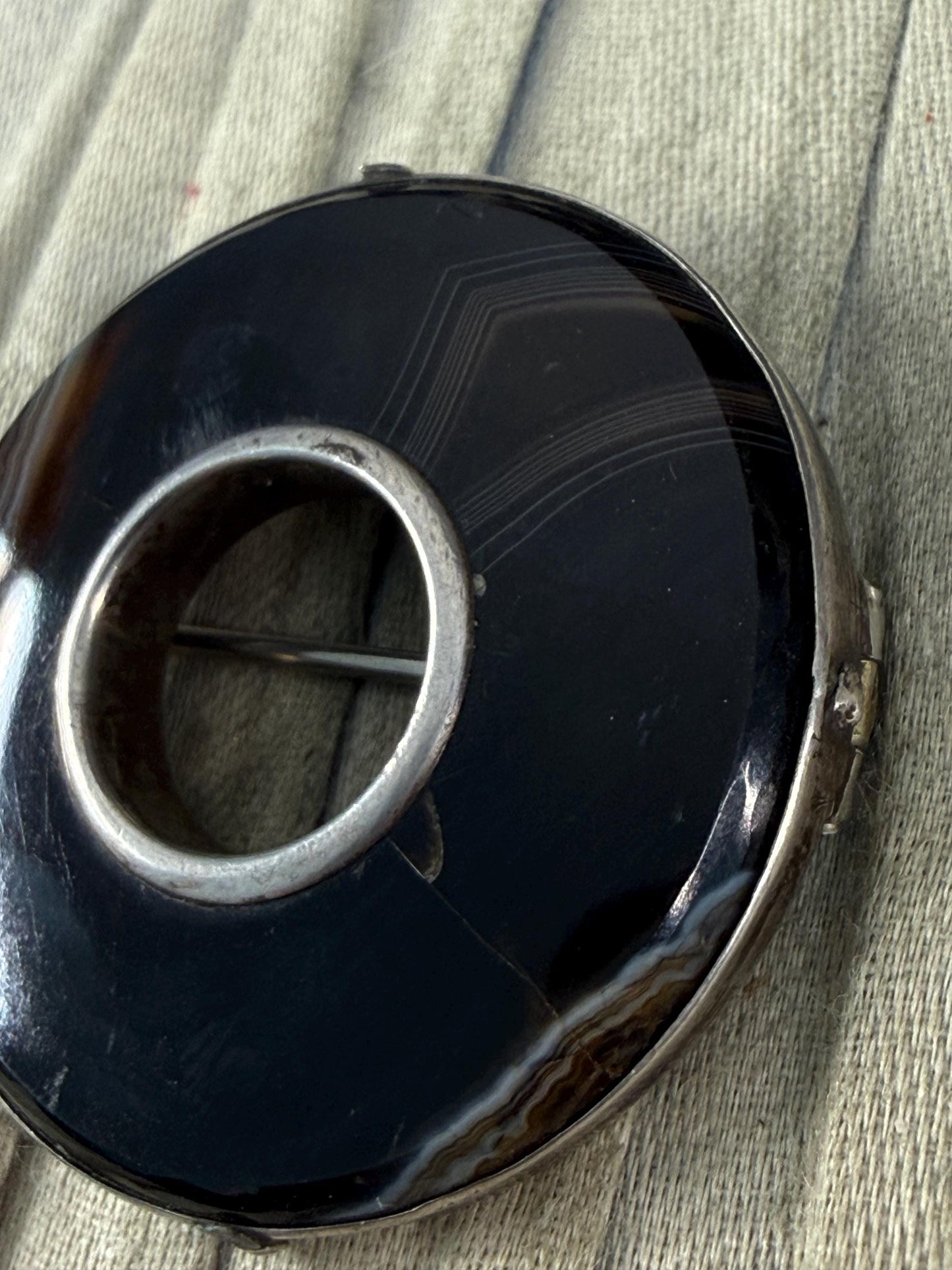 Antique Banded Agate Silver Hoop Brooch