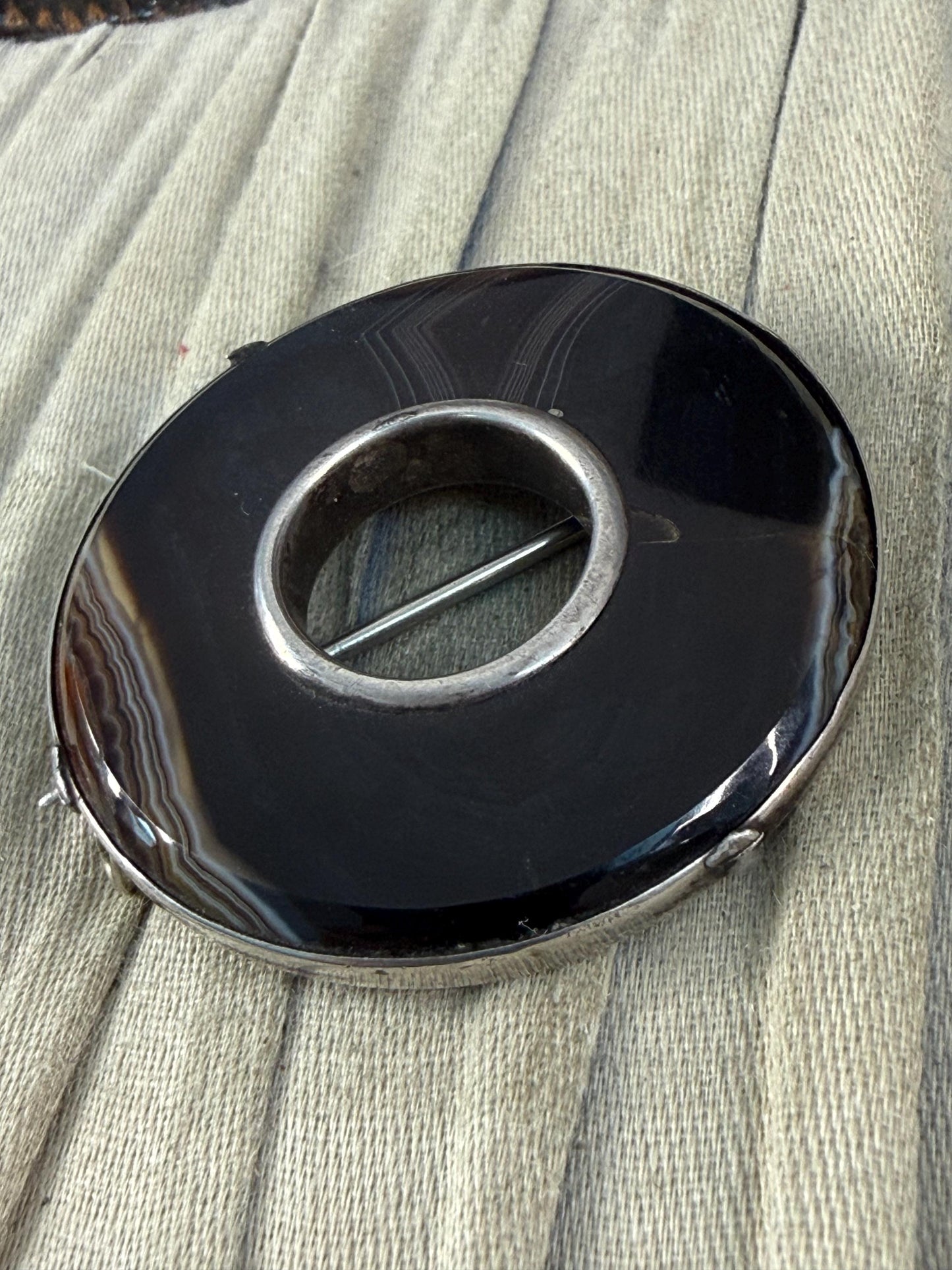Antique Banded Agate Silver Hoop Brooch