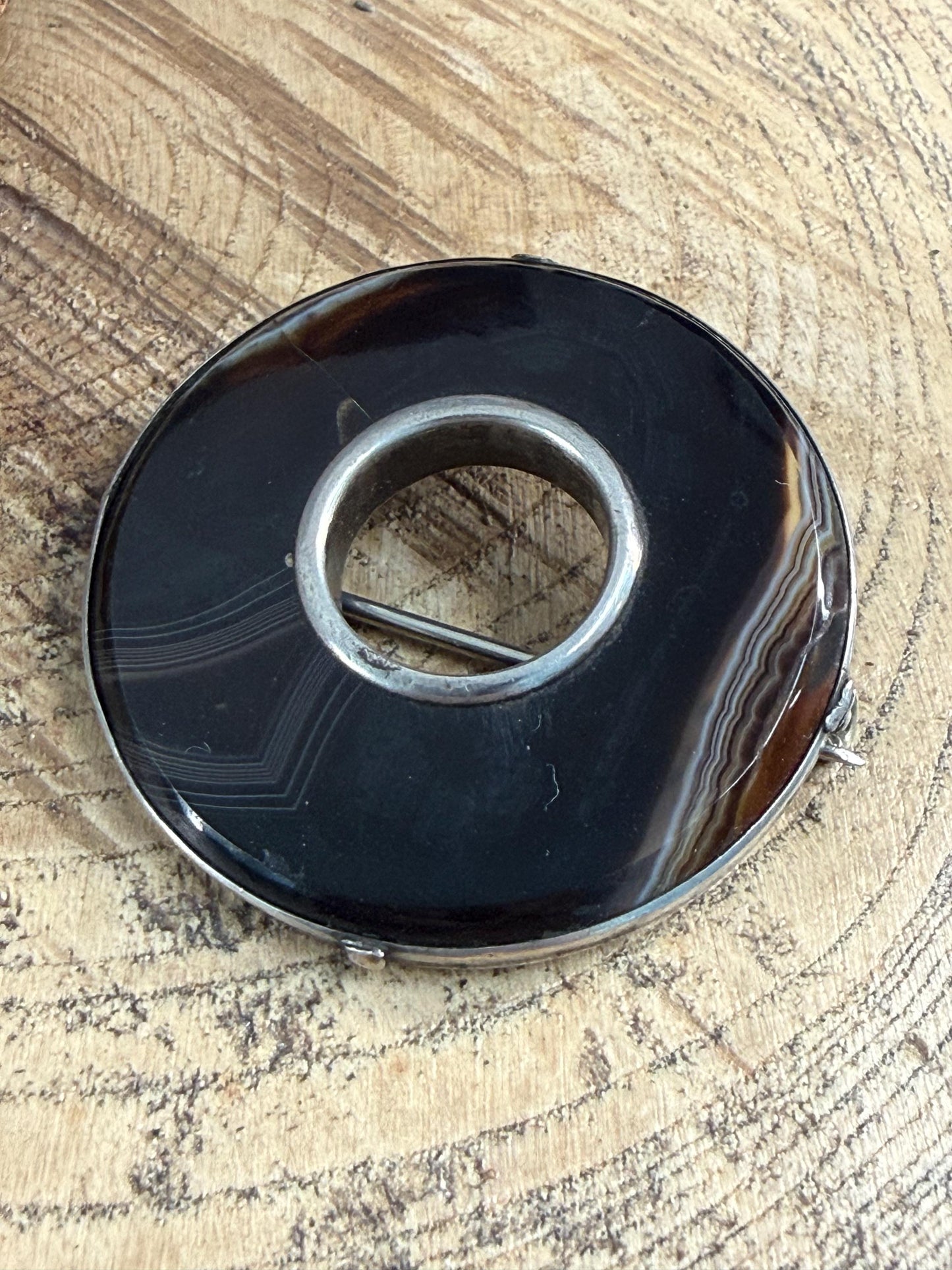 Antique Banded Agate Silver Hoop Brooch