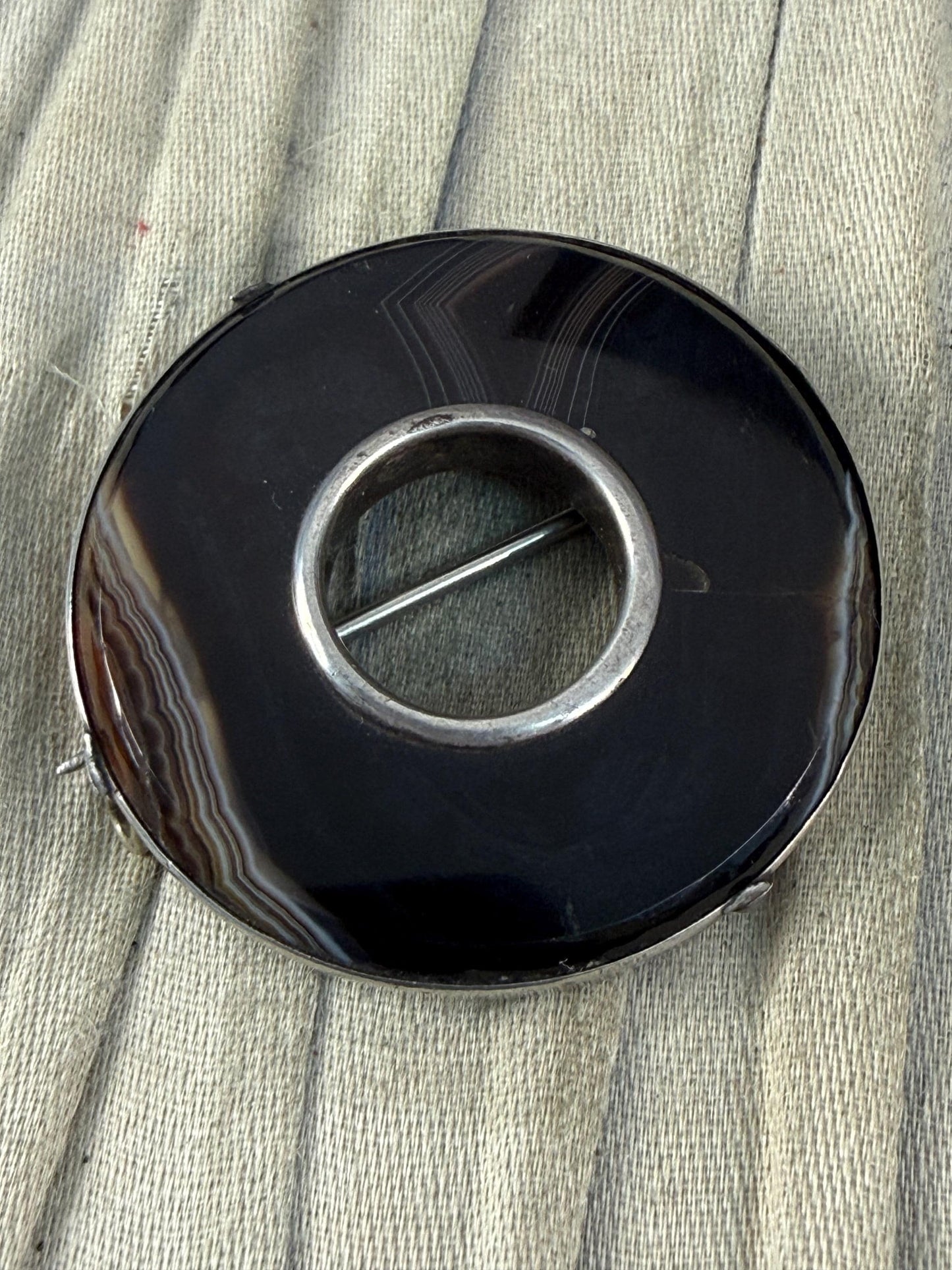 Antique Banded Agate Silver Hoop Brooch
