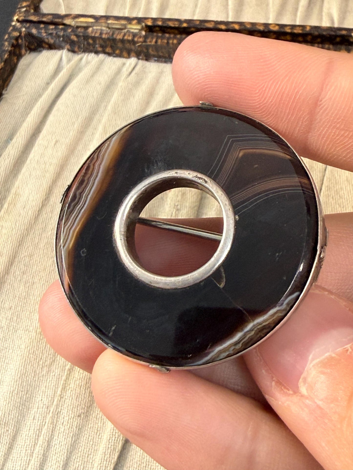 Antique Banded Agate Silver Hoop Brooch