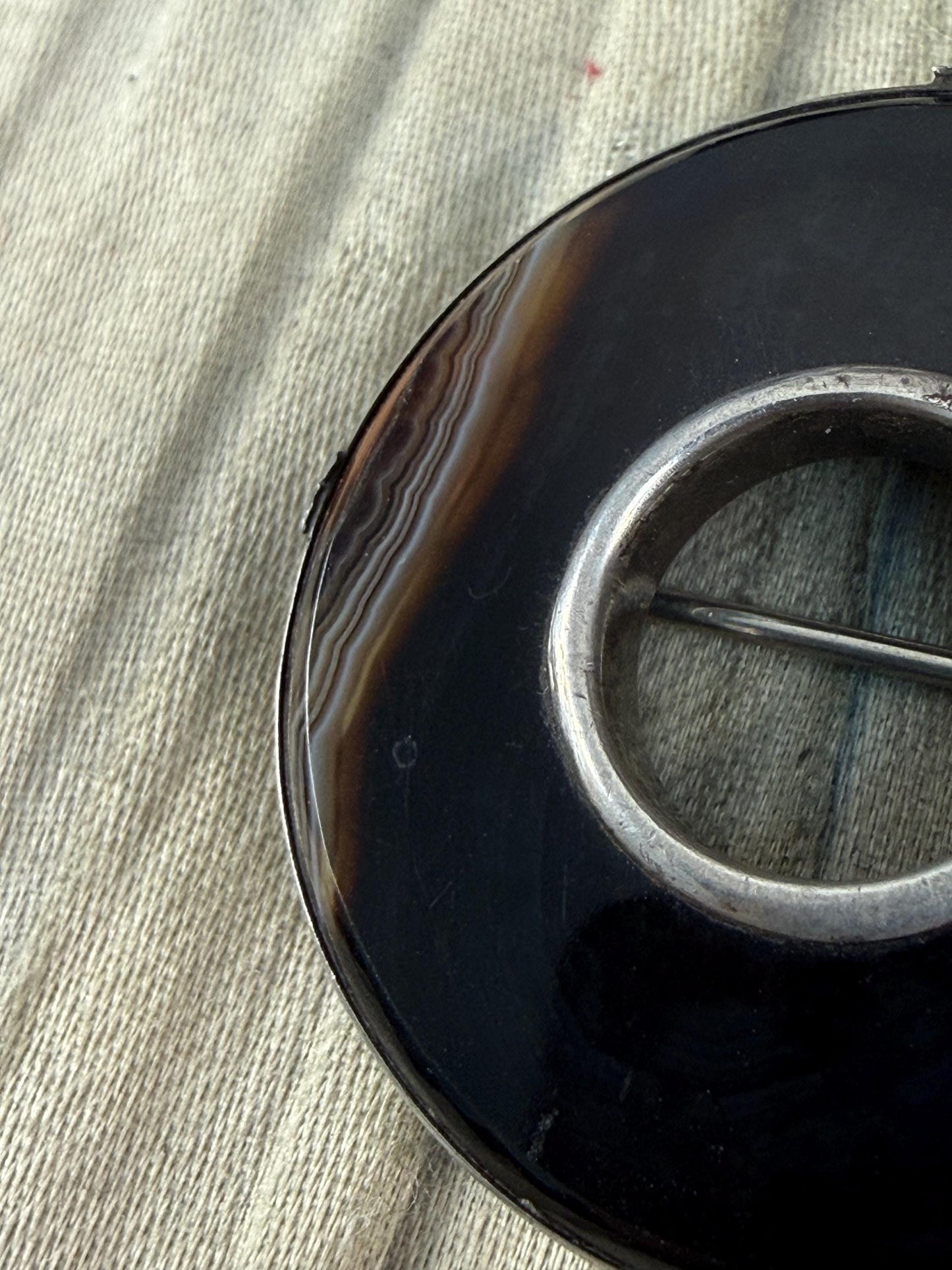 Antique Banded Agate Silver Hoop Brooch