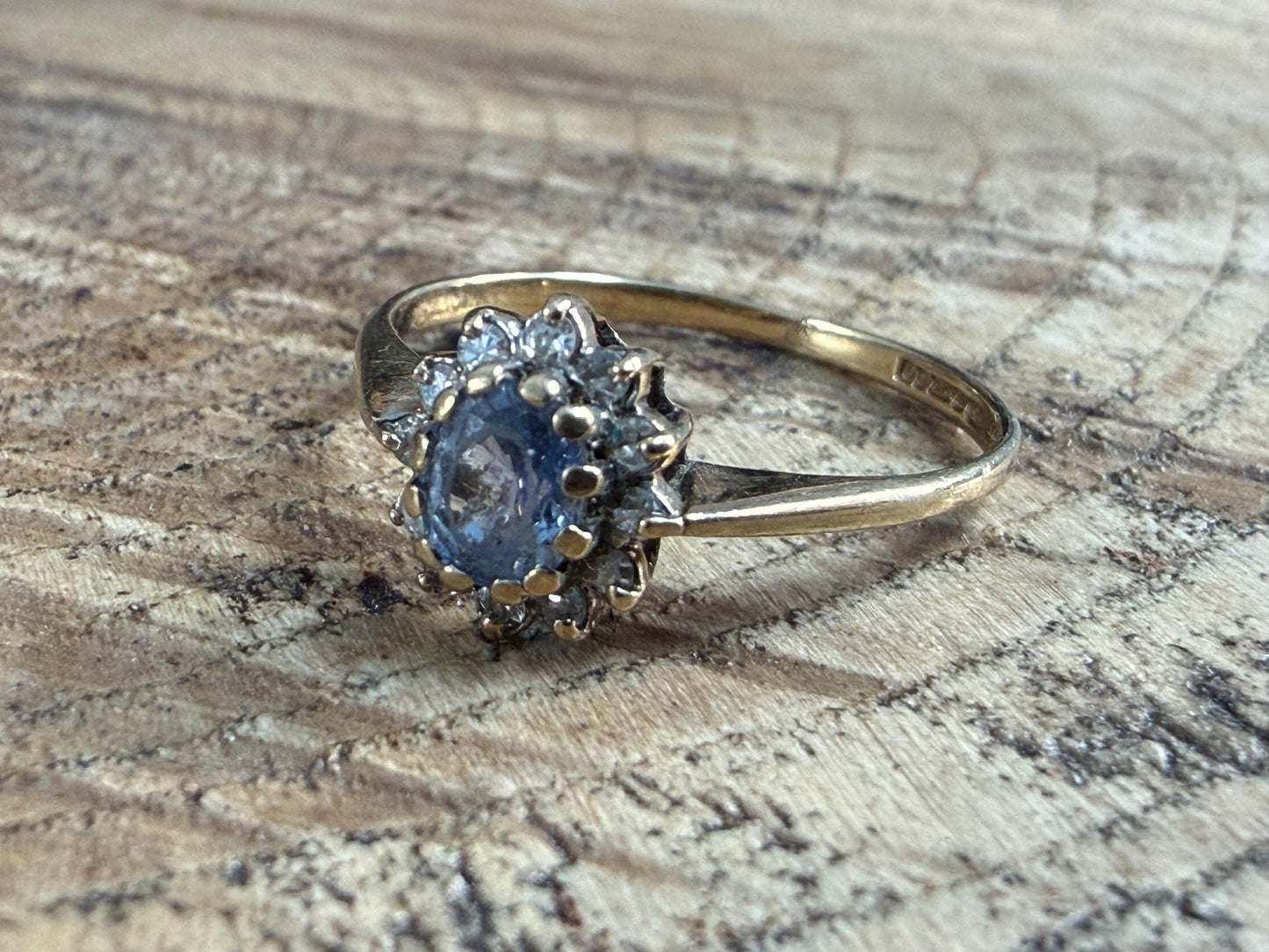 Vintage 9ct Gold Blue Topaz and Spinel Cluster Ring