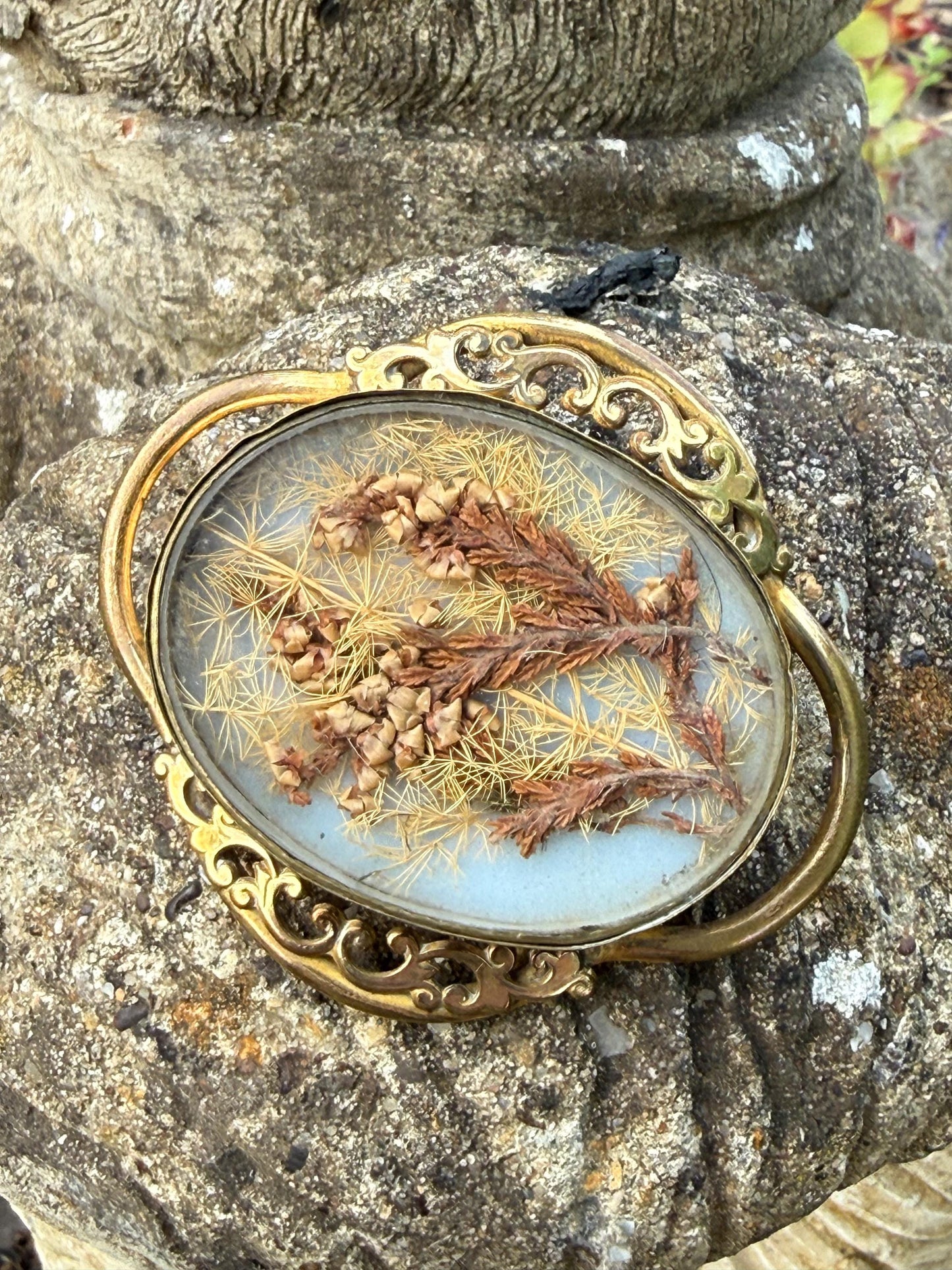 Victorian Dried Flowers Gilt Mourning Brooch