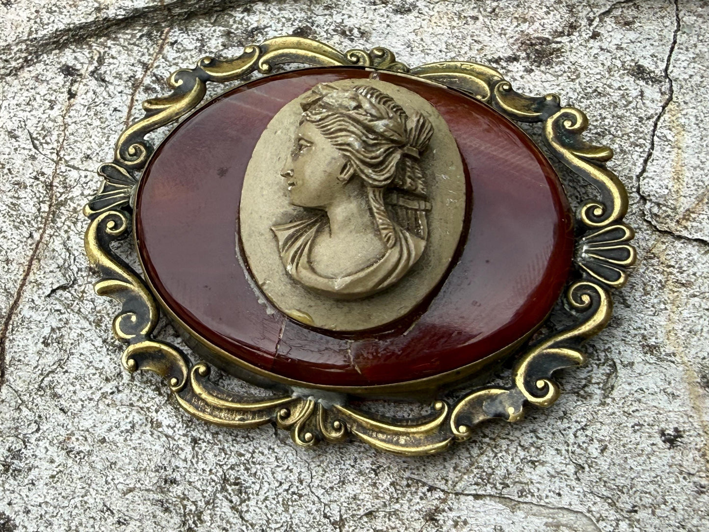Antique Sardonyx & Lava Cameo Bacchante Brooch