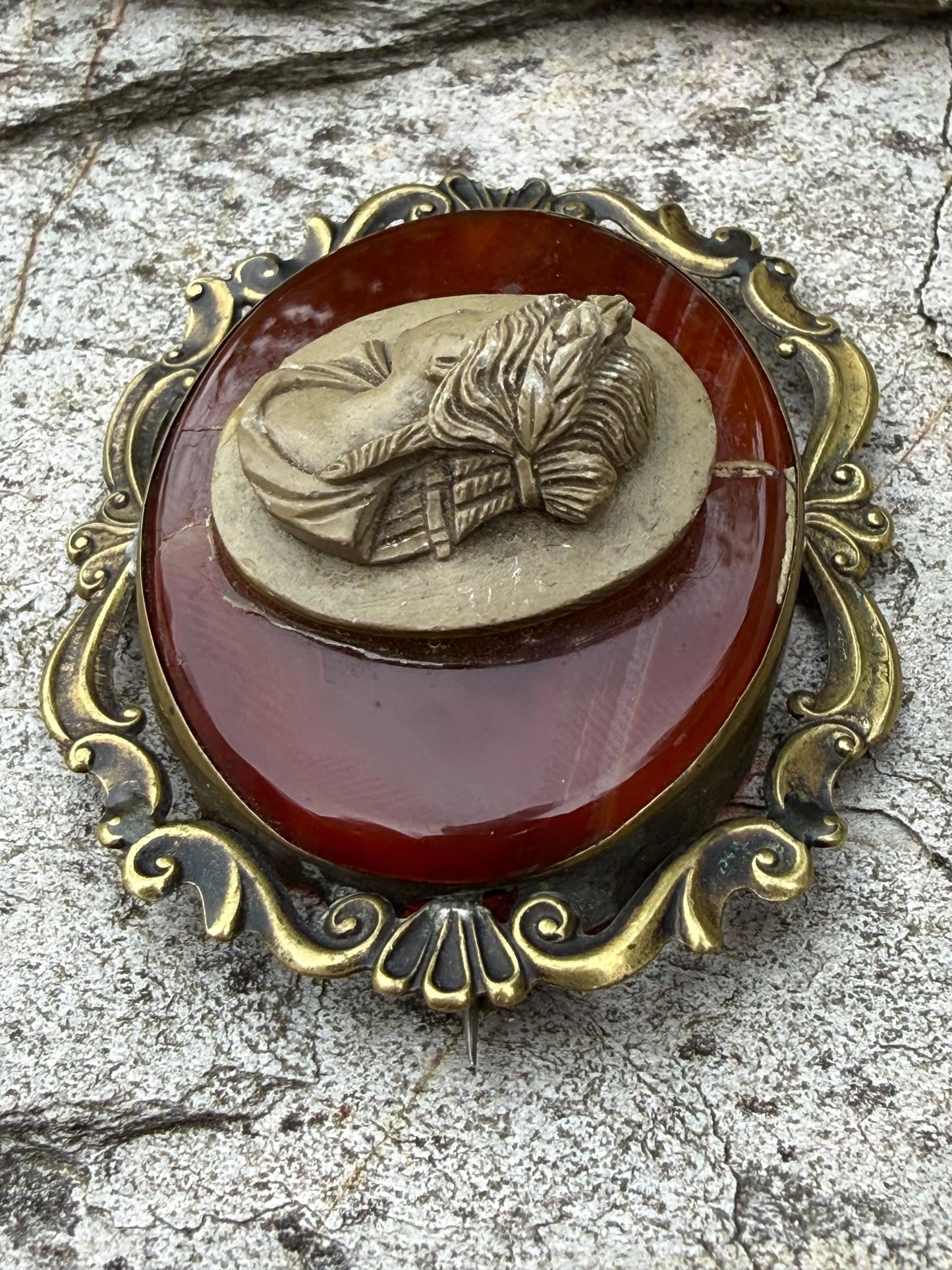 Antique Sardonyx & Lava Cameo Bacchante Brooch