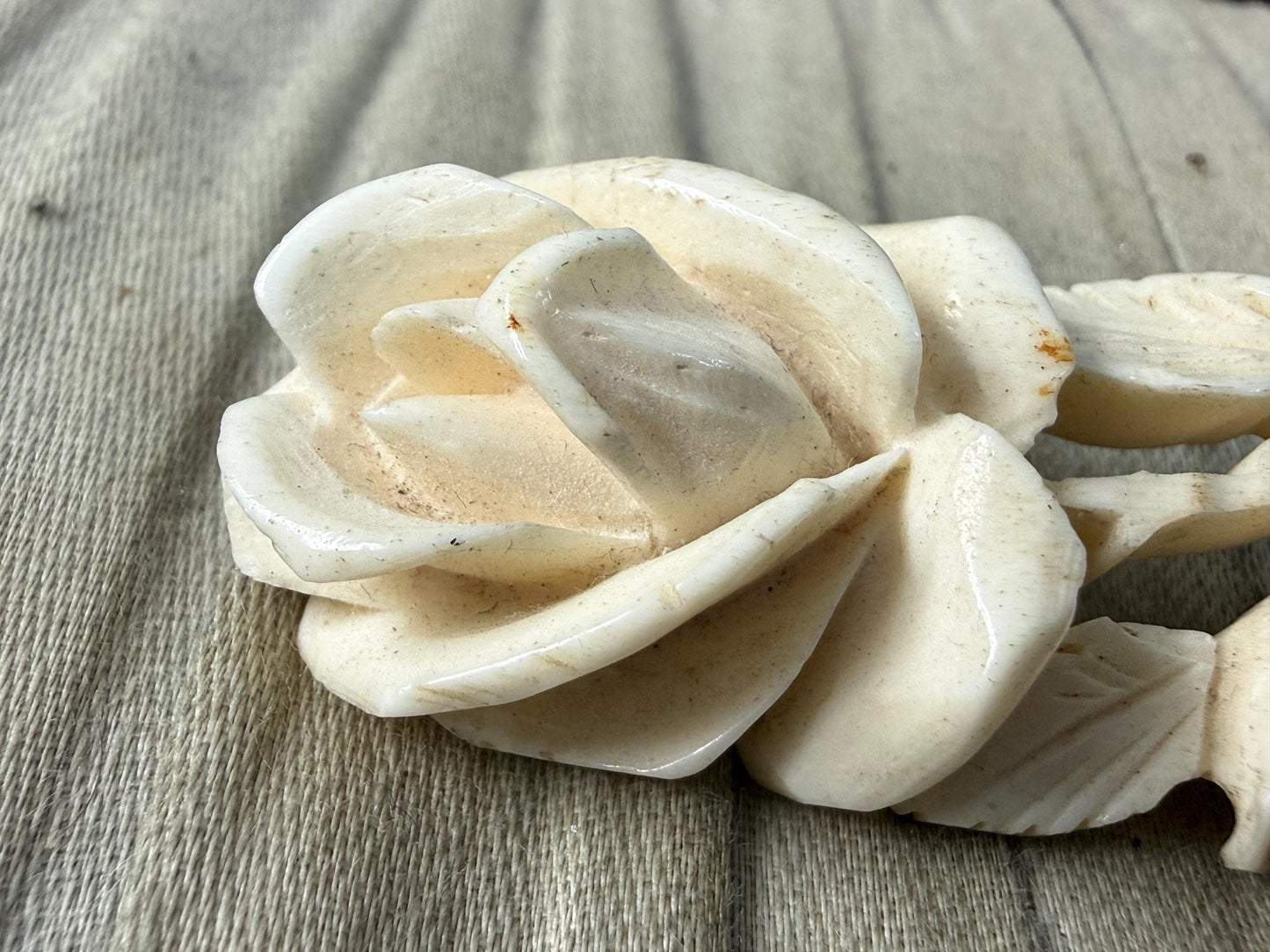 Antique Carved Bovine Bone Rose Brooch