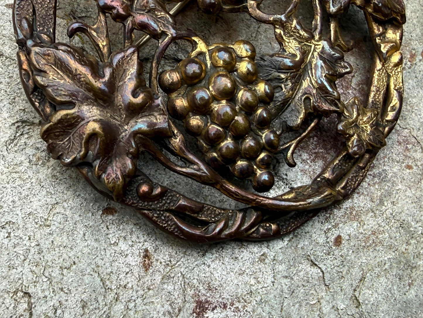 Antique Art Nouveau Grapes & Vine Repousse Brooch
