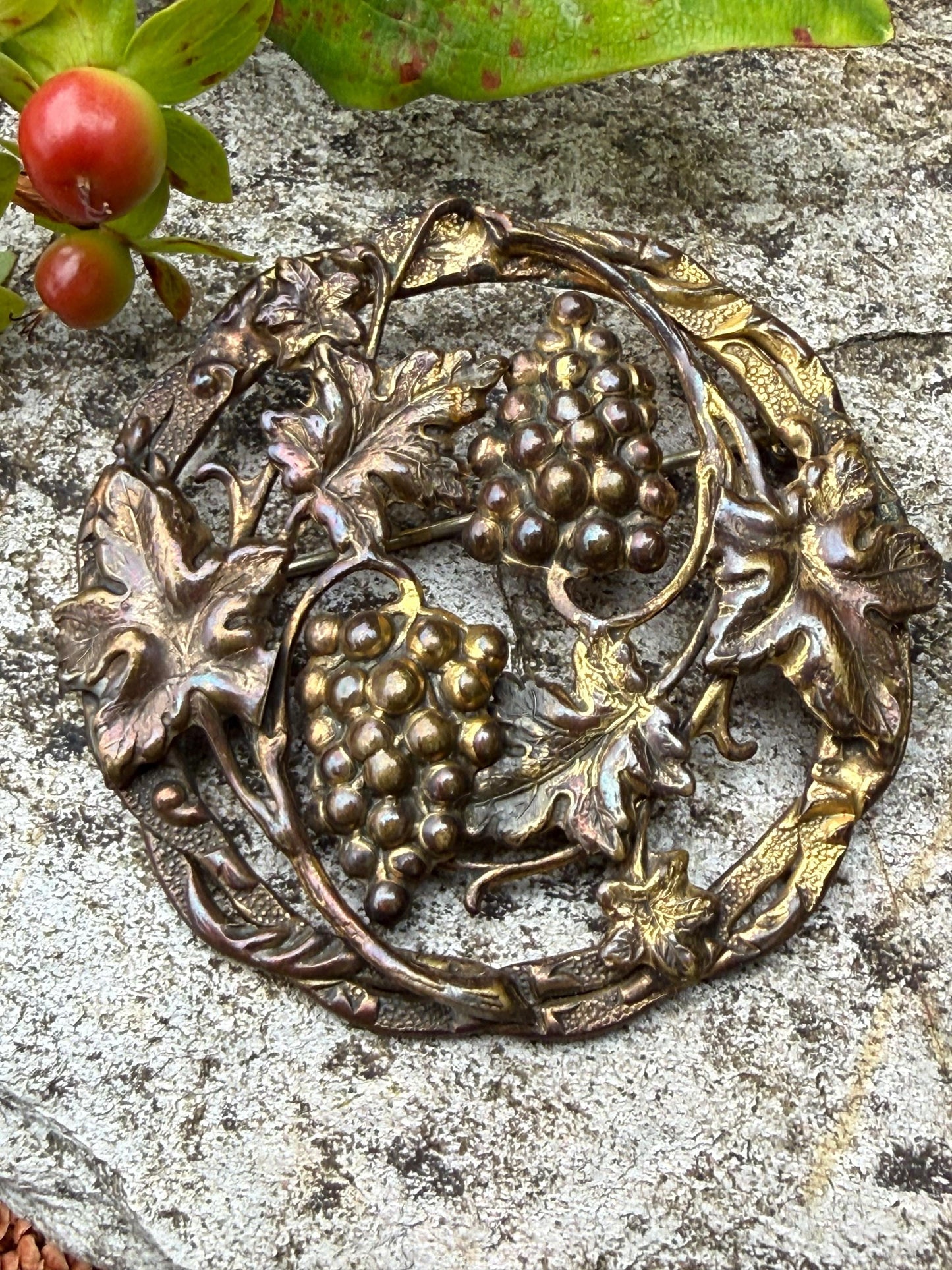 Antique Art Nouveau Grapes & Vine Repousse Brooch