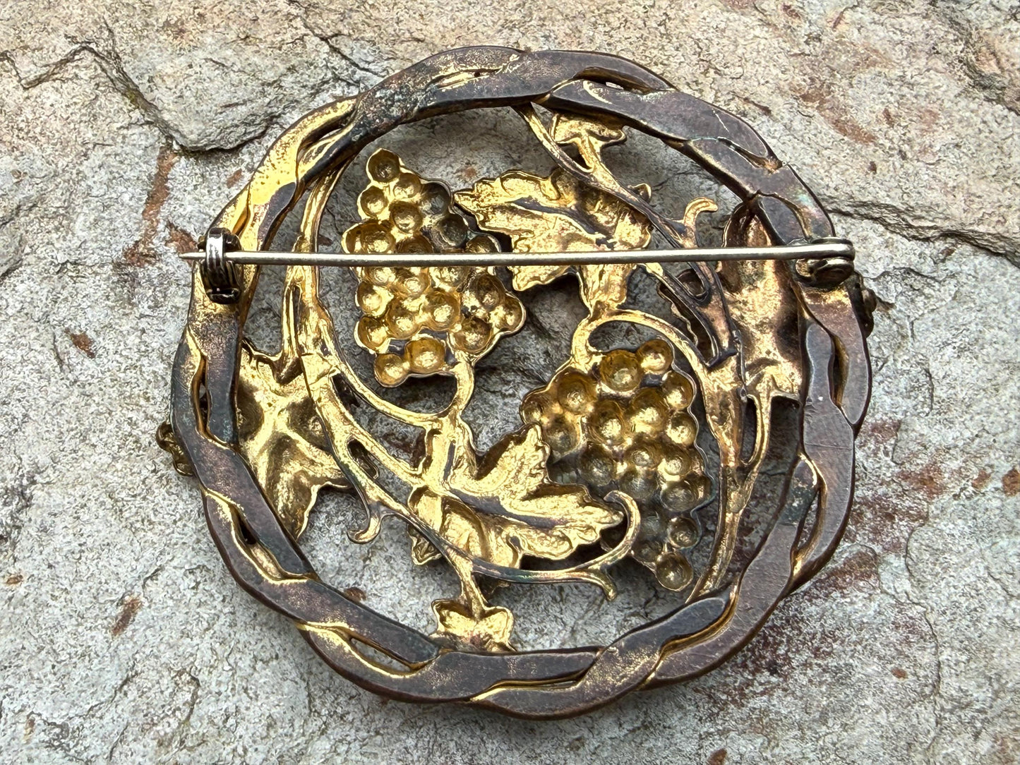 Antique Art Nouveau Grapes & Vine Repousse Brooch