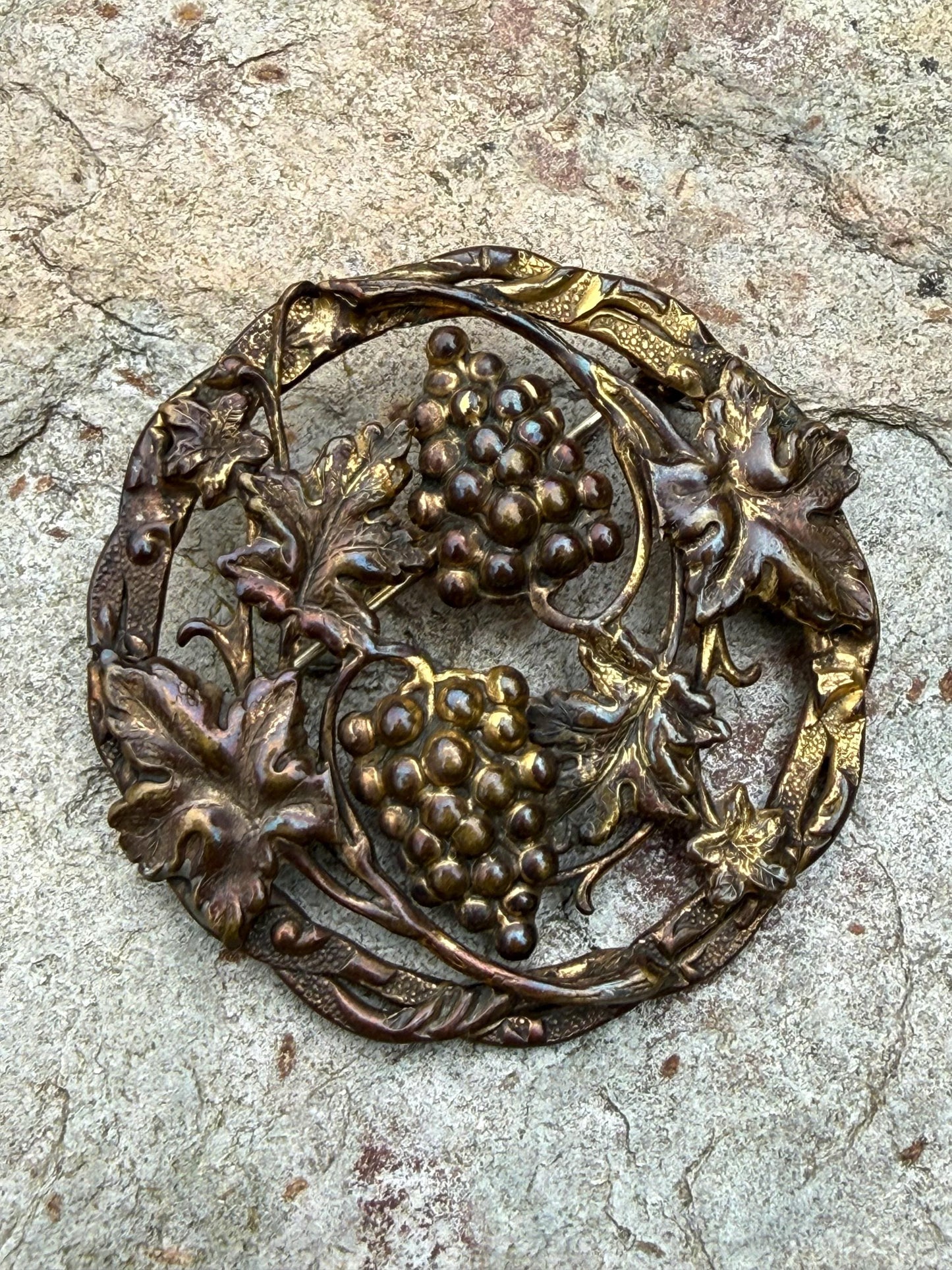 Antique Art Nouveau Grapes & Vine Repousse Brooch