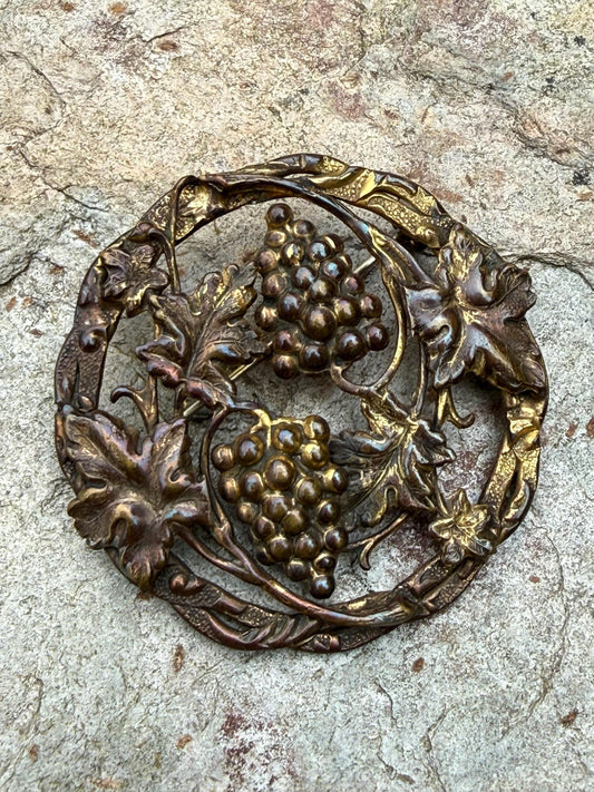 Antique Art Nouveau Grapes & Vine Repousse Brooch