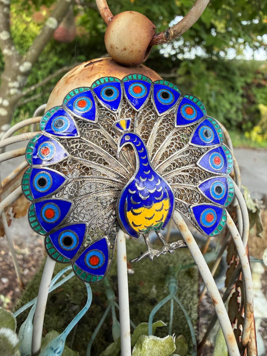 Vintage Silver Filigree & Enamel Peacock Brooch