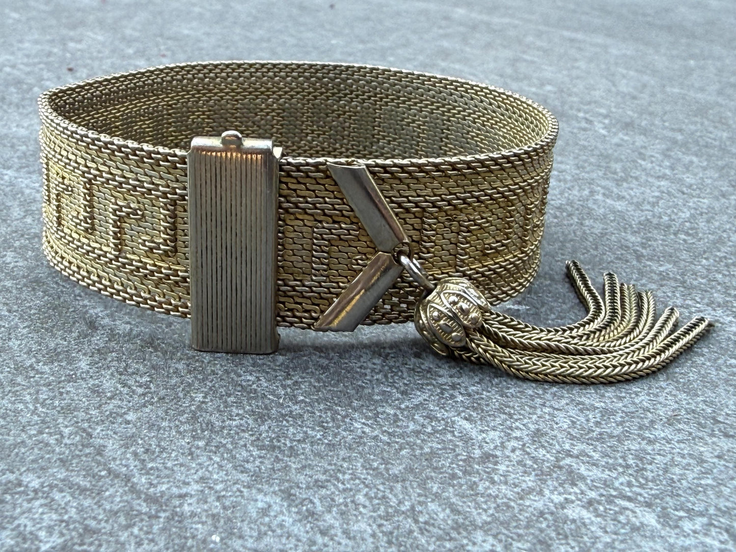 Vintage 1970s Greek Key Tassel Bracelet