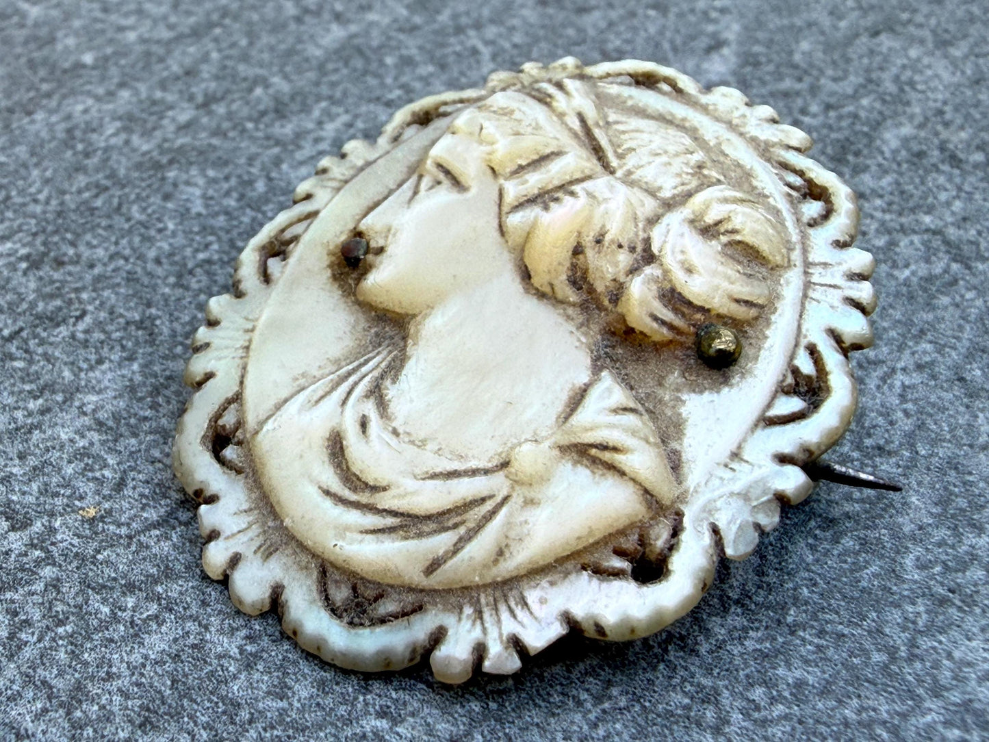 Antique Mother of Pearl Hand Carved Cameo Brooch