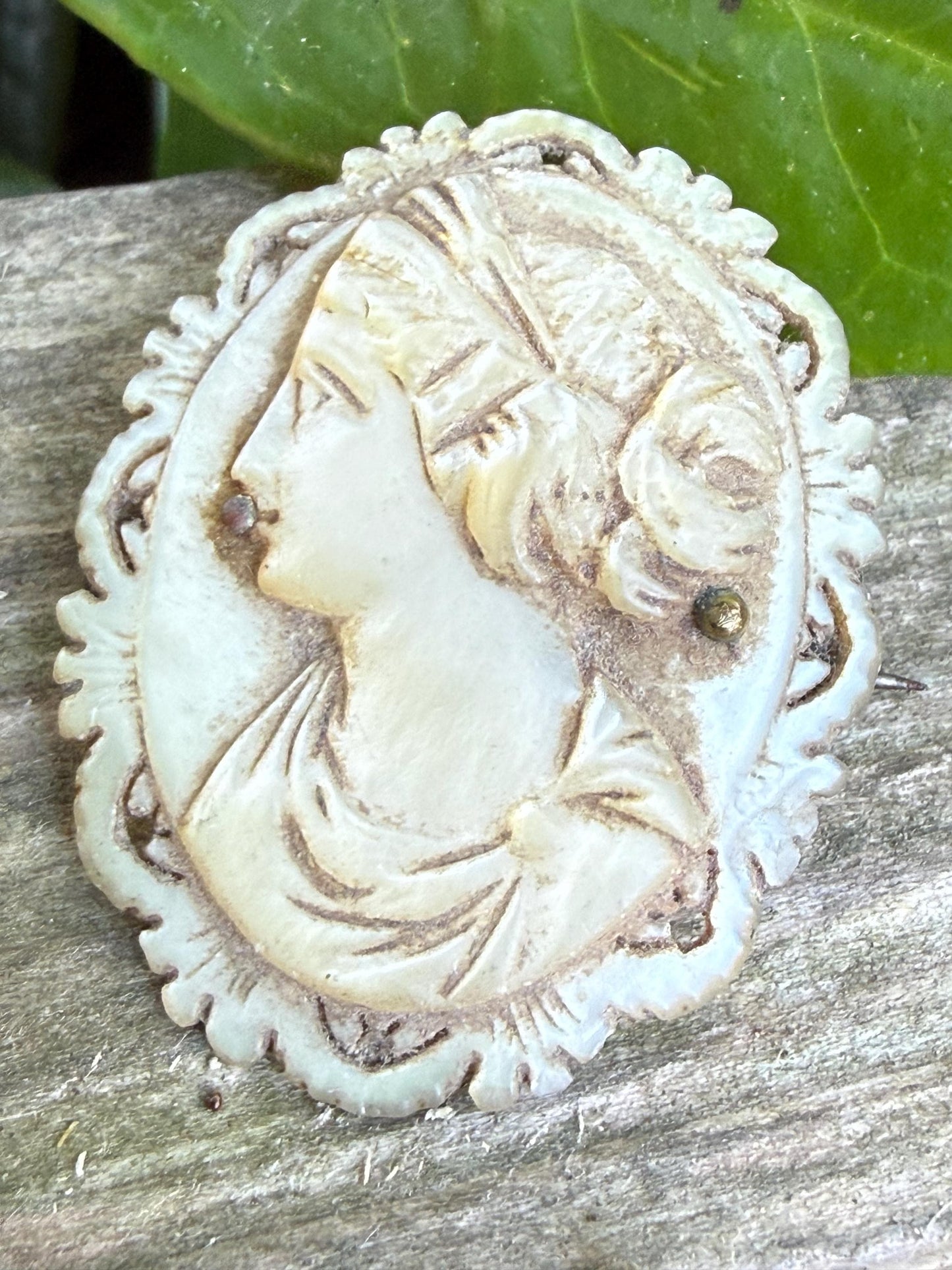 Antique Mother of Pearl Hand Carved Cameo Brooch