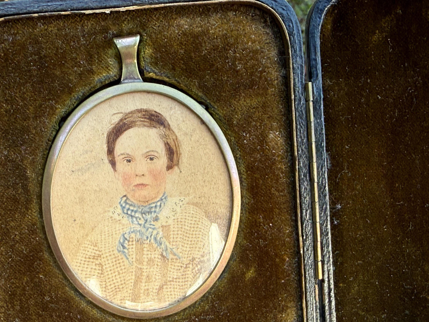 Antique Miniature Portrait, Victorian Boy in Travel Case