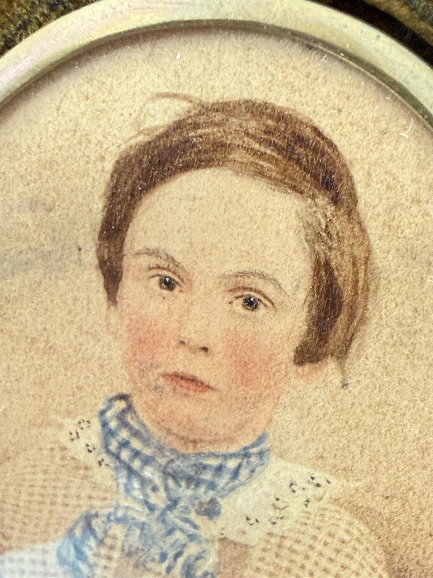 Antique Miniature Portrait, Victorian Boy in Travel Case