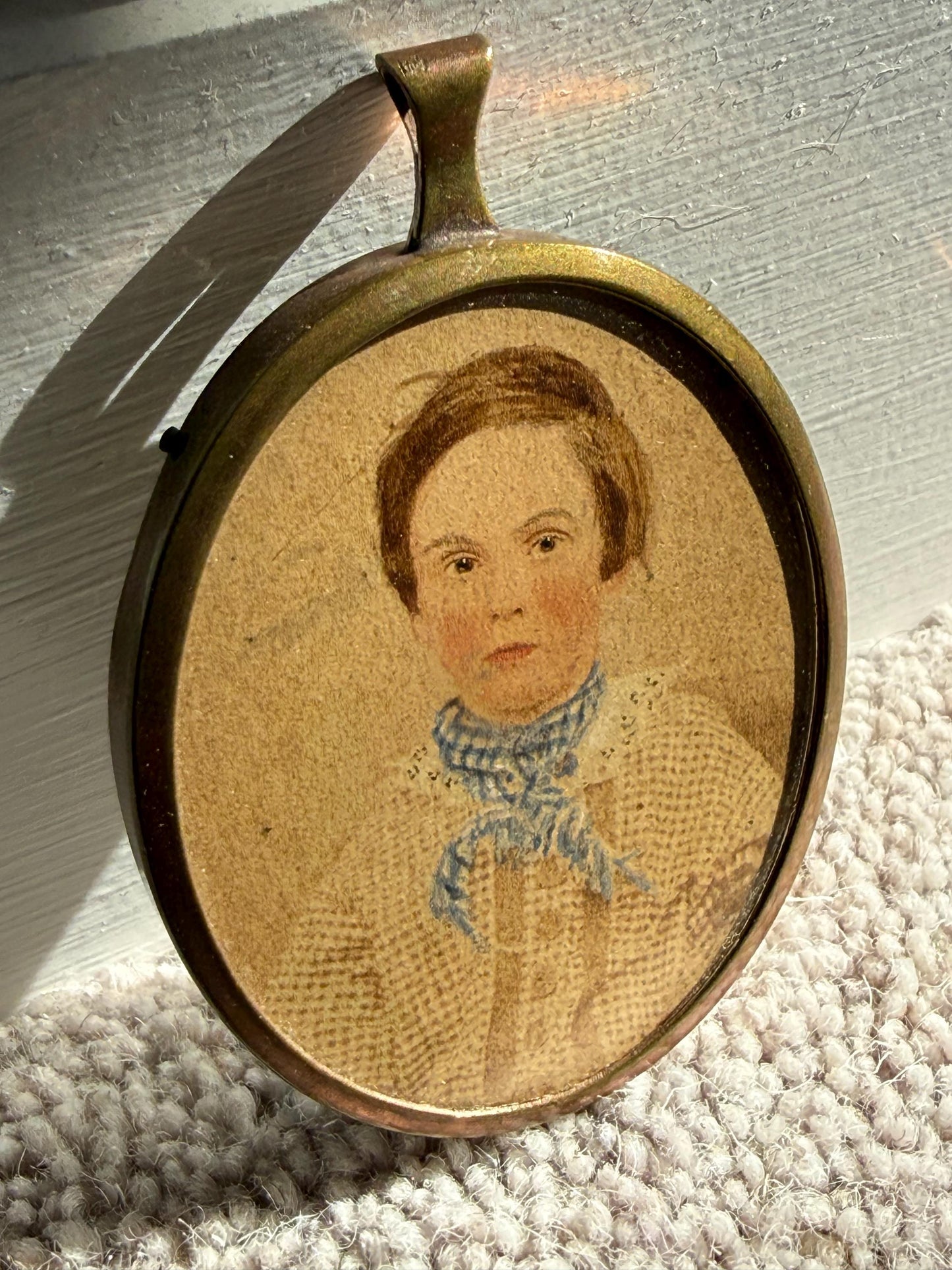 Antique Miniature Portrait, Victorian Boy in Travel Case