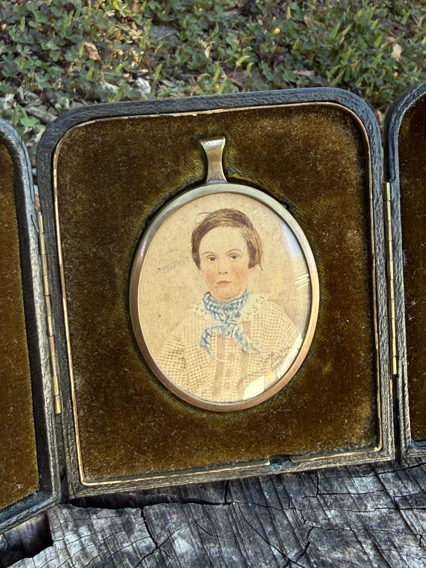 Antique Miniature Portrait, Victorian Boy in Travel Case