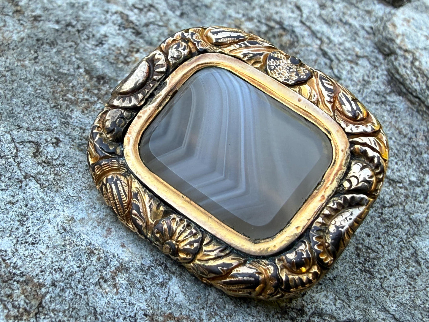 Victorian Banded Grey Montrose Agate Brooch
