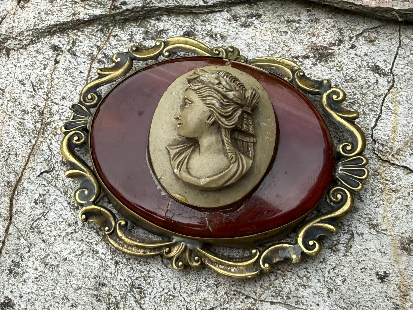 Antique Sardonyx & Lava Cameo Bacchante Brooch