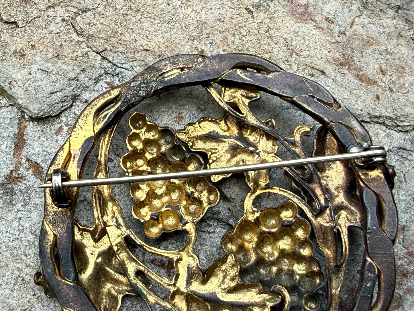 Antique Art Nouveau Grapes & Vine Repousse Brooch